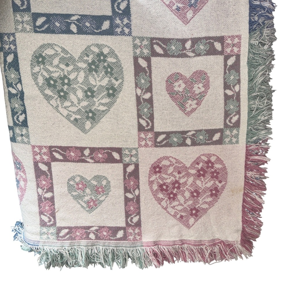 Vintage Heart Floral Woven Tapestry Throw Blanket Pink Blue 50x60 Fringed Edge